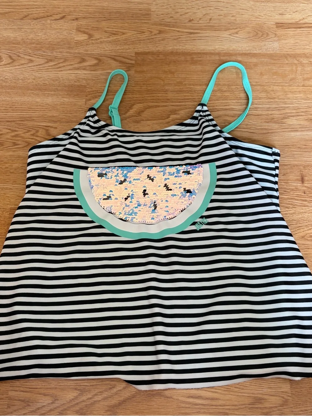 Girls Justice Black & White Stripe Flip Sequin Watermelon Tankini
